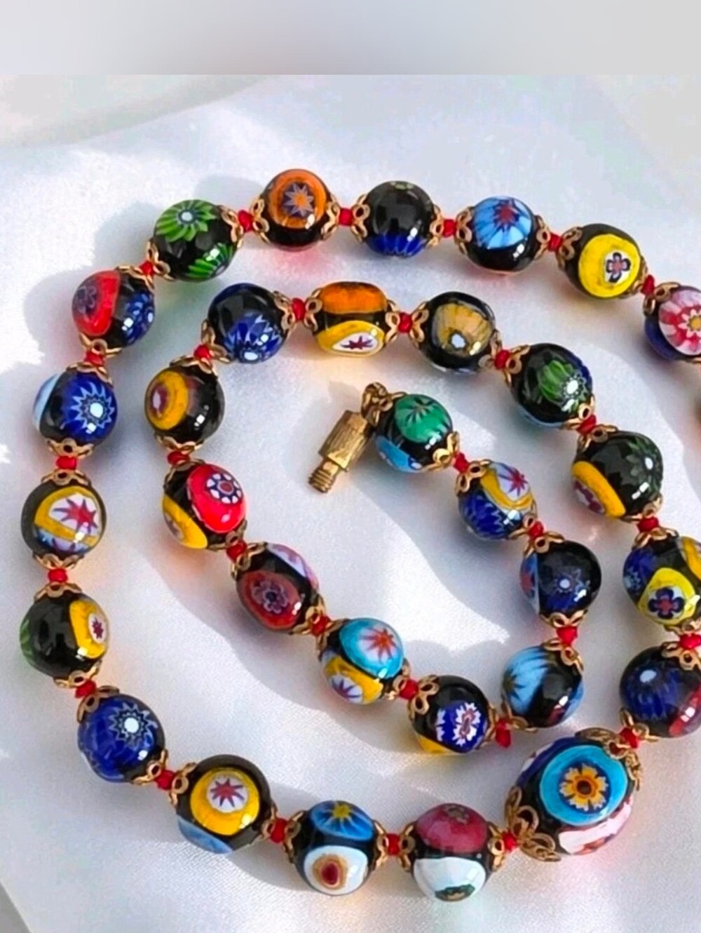 Vintage Venetian Murano Millefiori Black Glass Graduated Bead Necklace 16.5"